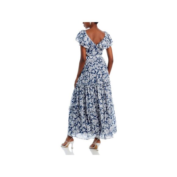 AQUA Flutter Sleeve Tiered Maxi Dress Women's Navy/White Floral Cutout Zip Up - Picture 2 of 5